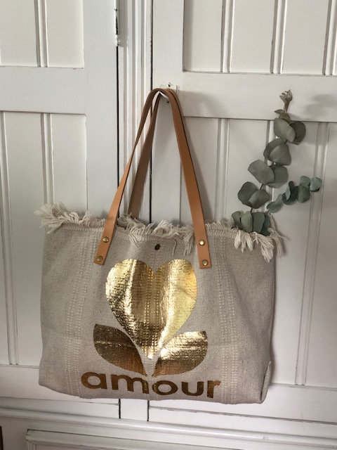 Beige and golden love tote bag